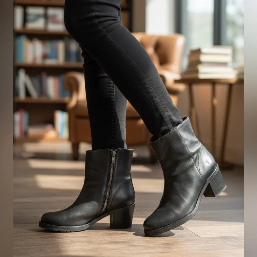 Black Leather Ankle Boots- Ladies Frye Ankle Leather Boots - Picture 2 of 13